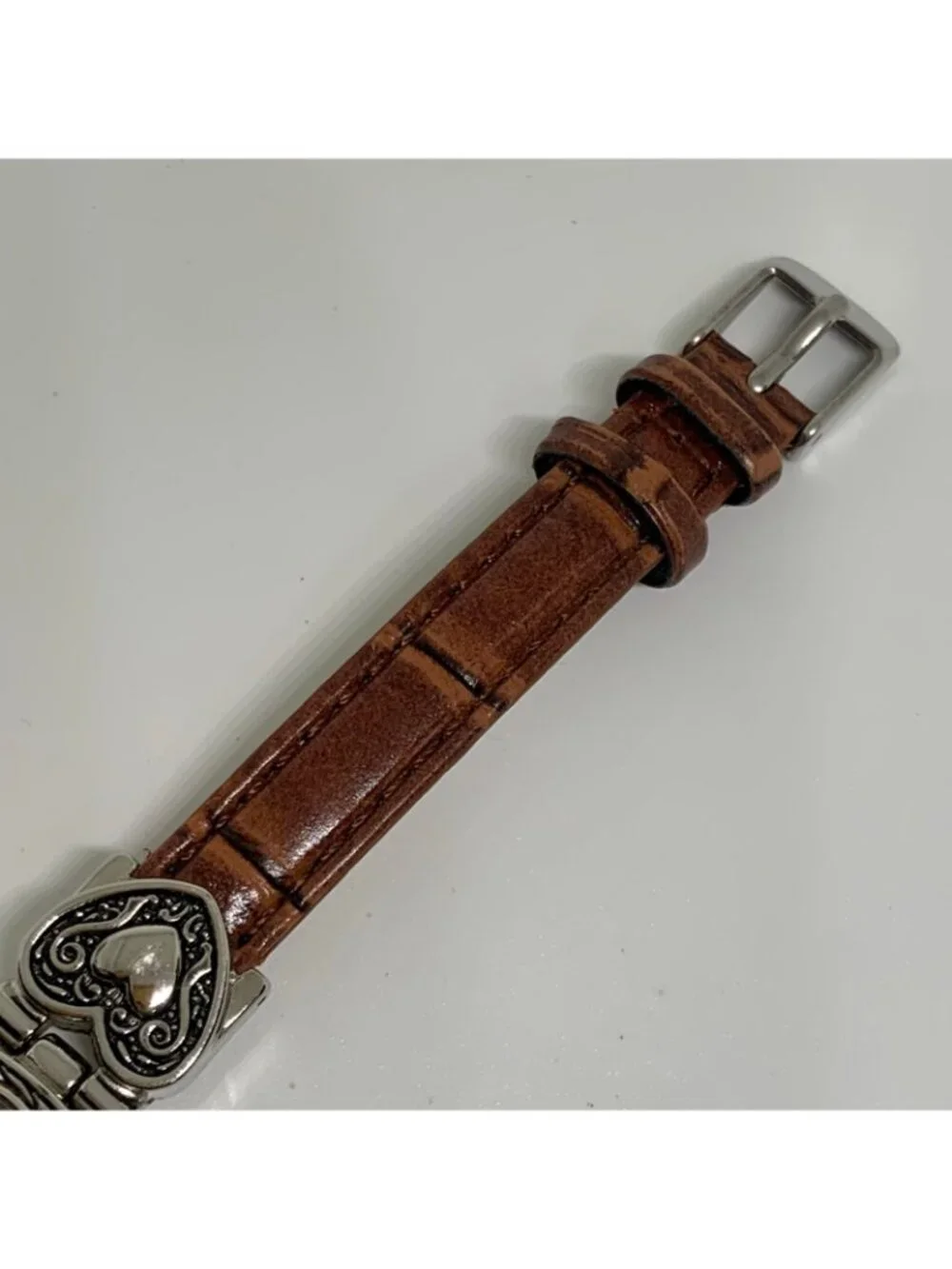 Accutime Women’s SilverTone watch 20mm quartz analog heart brown leather running